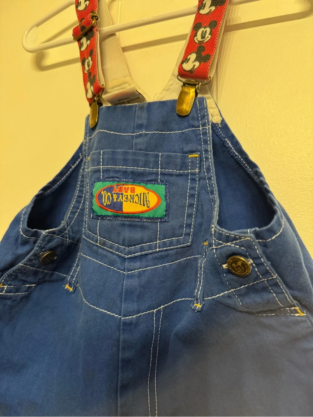 Kids Blue Mickey Mouse Short Overalls with Red Printed Suspenders